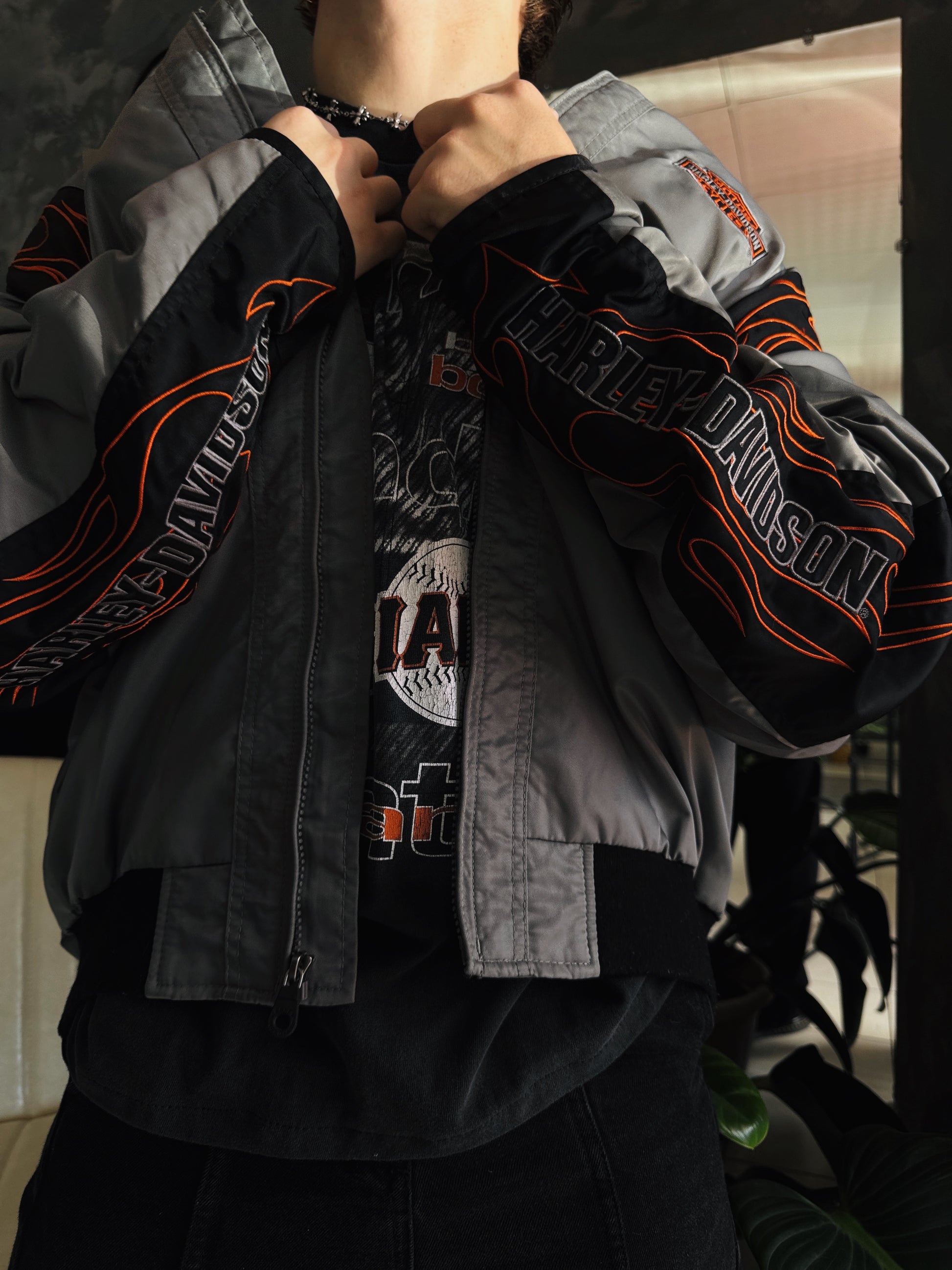 (BOXY L) VINTAGE HARLEY DAVIDSON FLAMES BOMBER JACKET