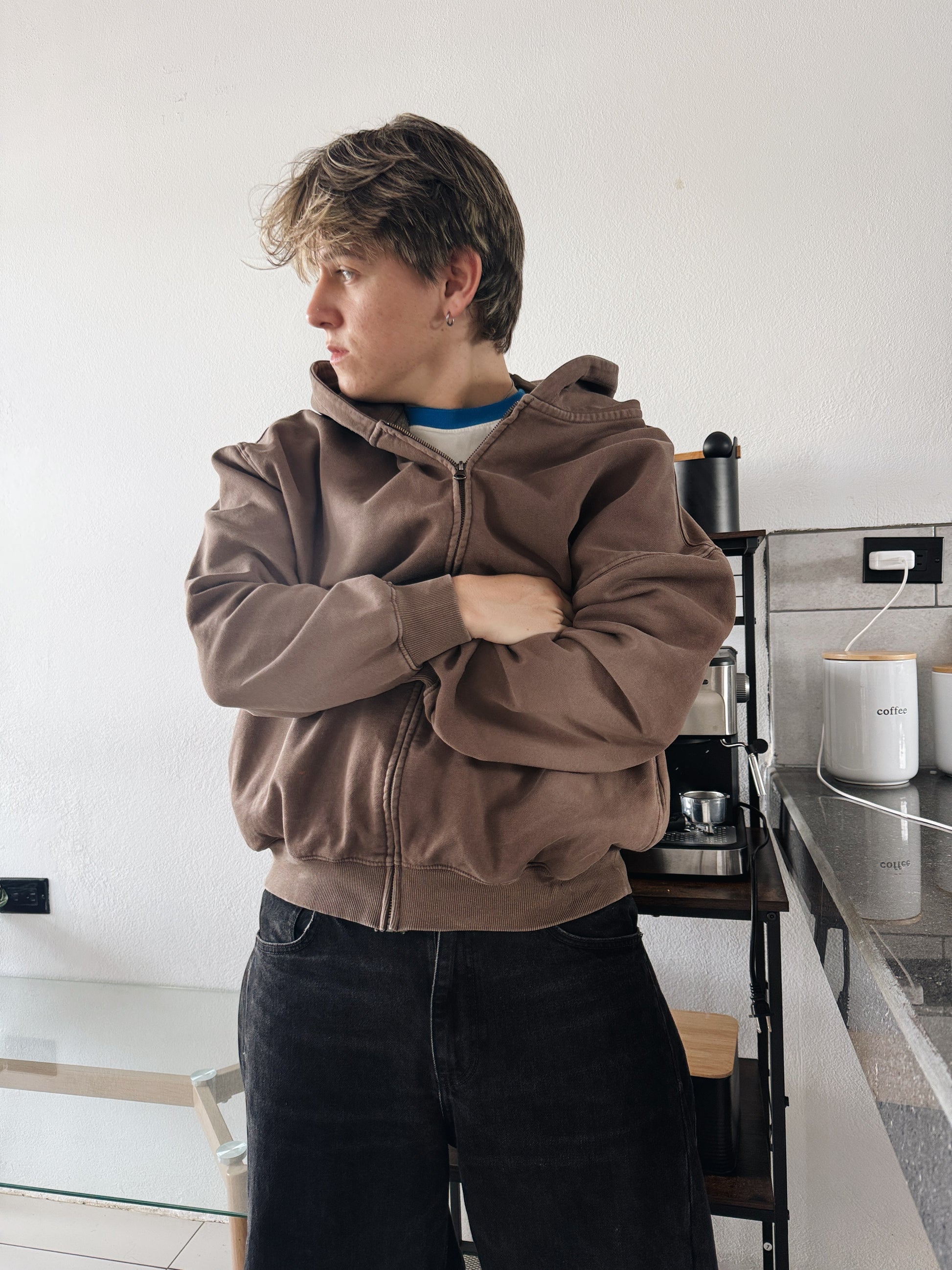 (M) SUNFADED BROWN HOODIE FULL ZIP
