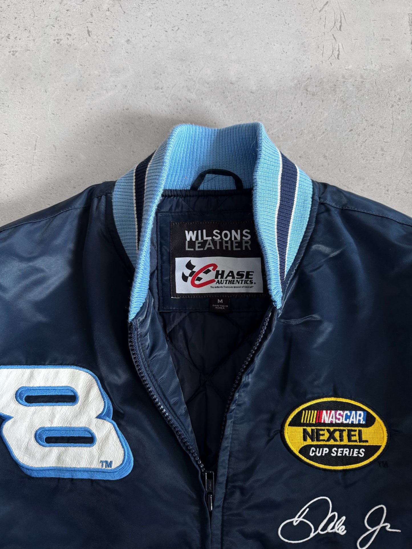 (M) VINTAGE DALE EARNHEARDT JR NASCAR X WILSON LEATHER VARSITY JACKET