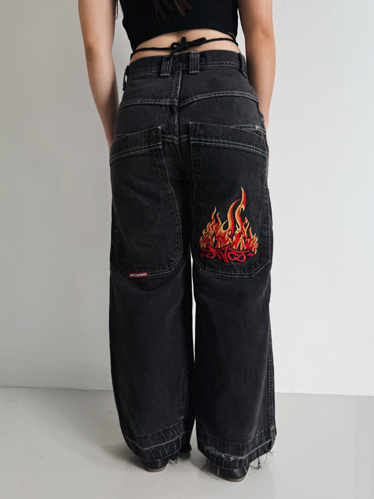 VINTAGE JNCO FLAME EMBROIDERED FADED PANTS