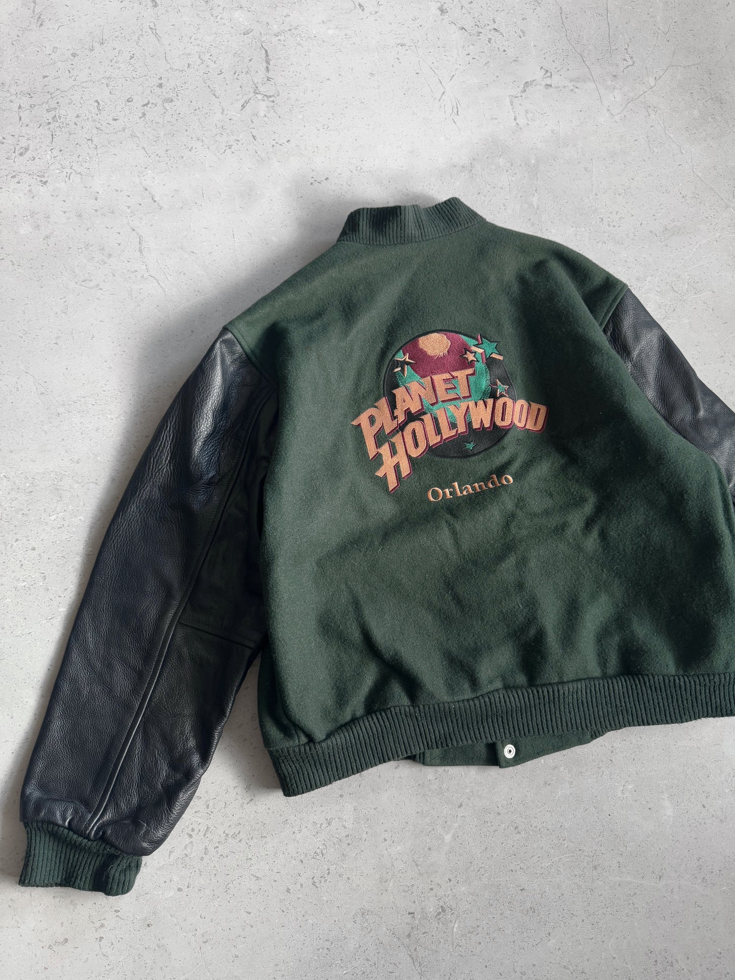 (S-M) 1990’S VINTAGE HARD ROCK LEATHER VARSITY JACKET