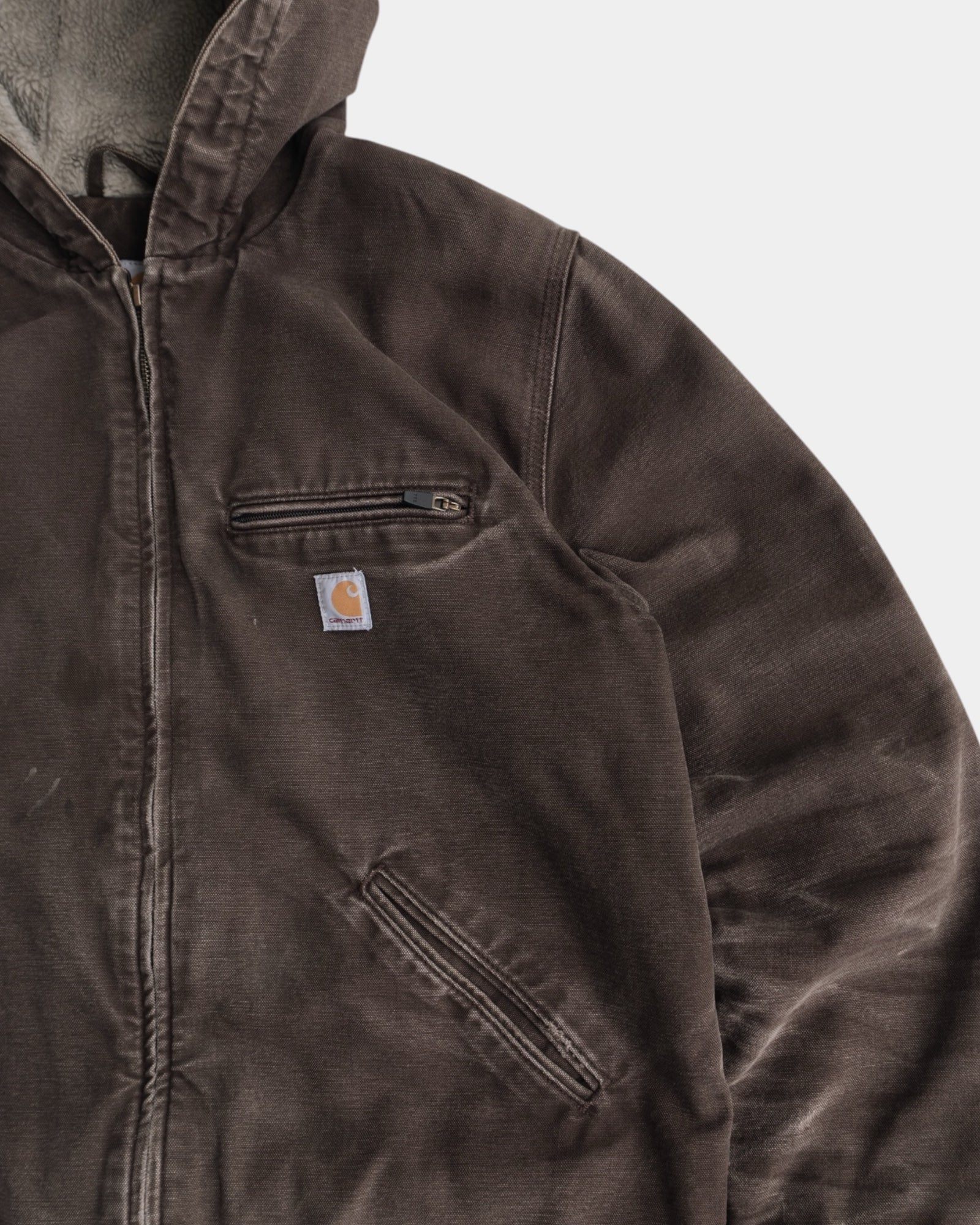 (XL) VINTAGE CARHARTT J141 ACTIVE MOCCA WASHED DUCK CANVAS SHERPA LINED JACKET