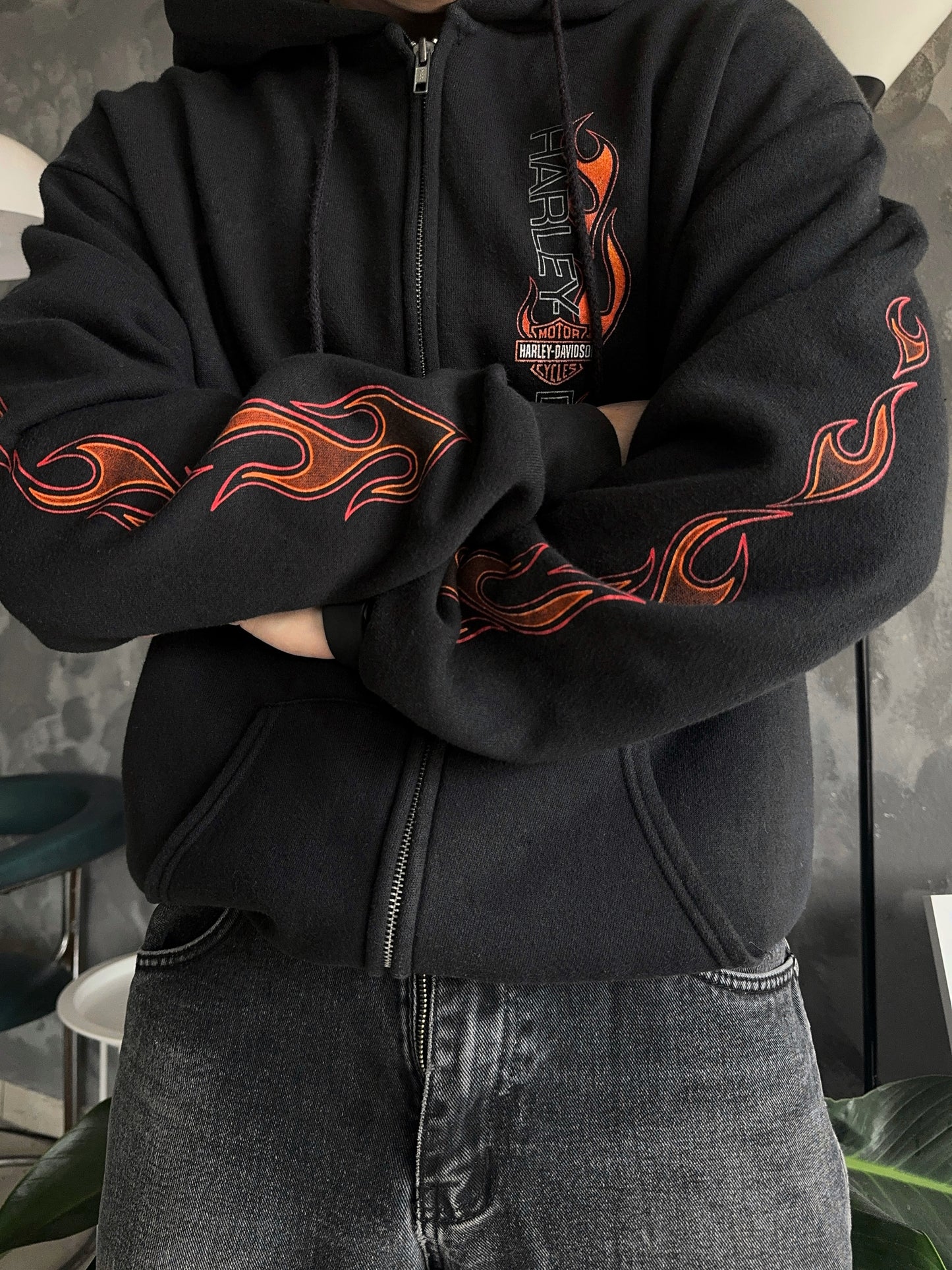 (M-L) Vintage Harley Davidson Flames Hoodie Full Zip