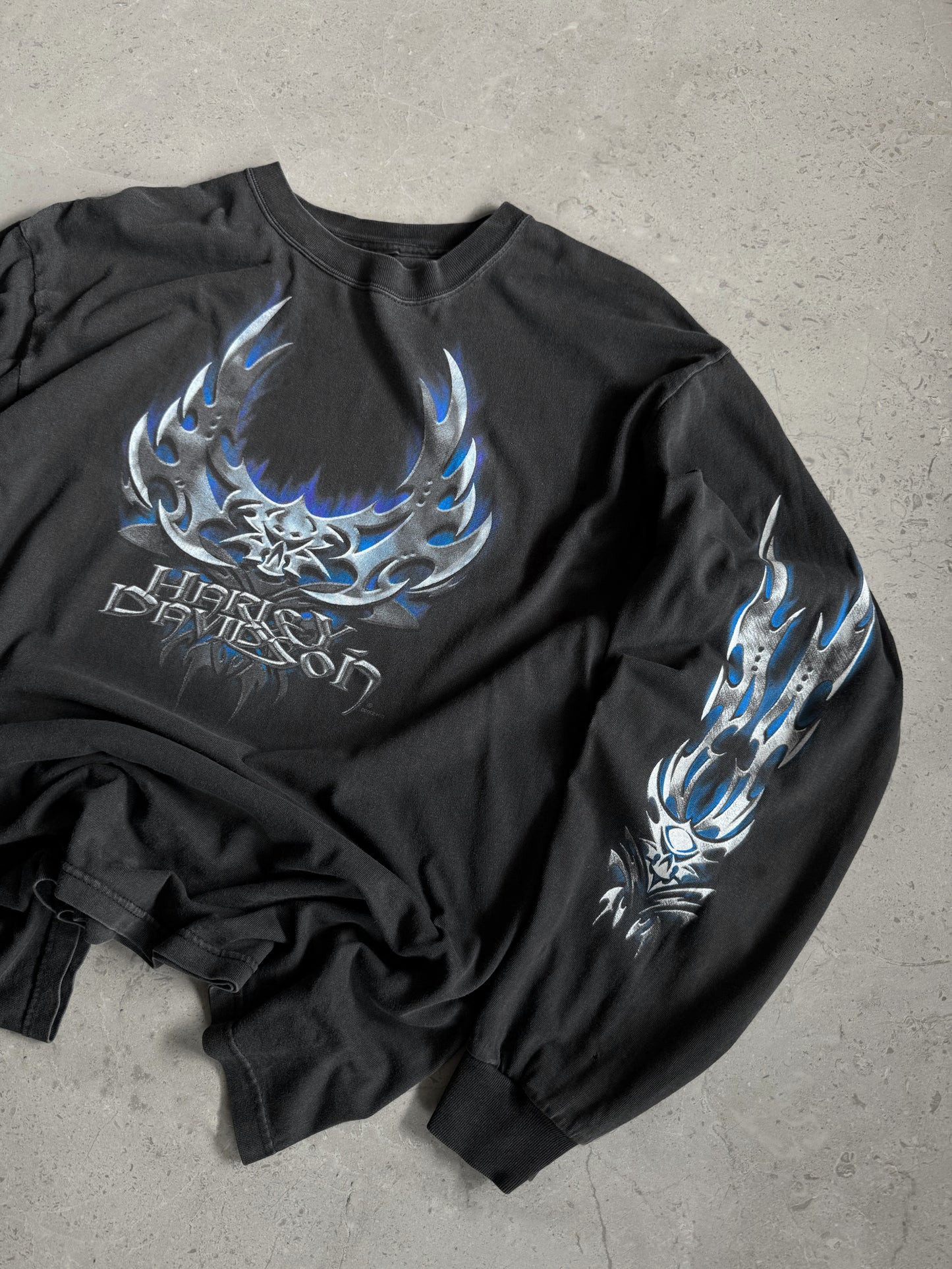 (L) 00’s Vintage Harley Davidson Blues Flames Long Sleeve