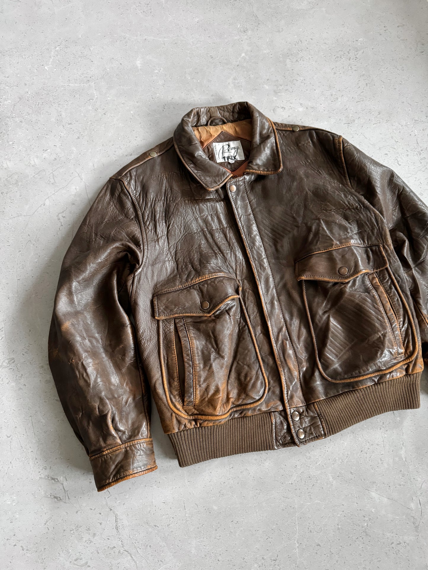 (M) 90’s Vintage Remy Leather Brown Bomber Jacket Pilot