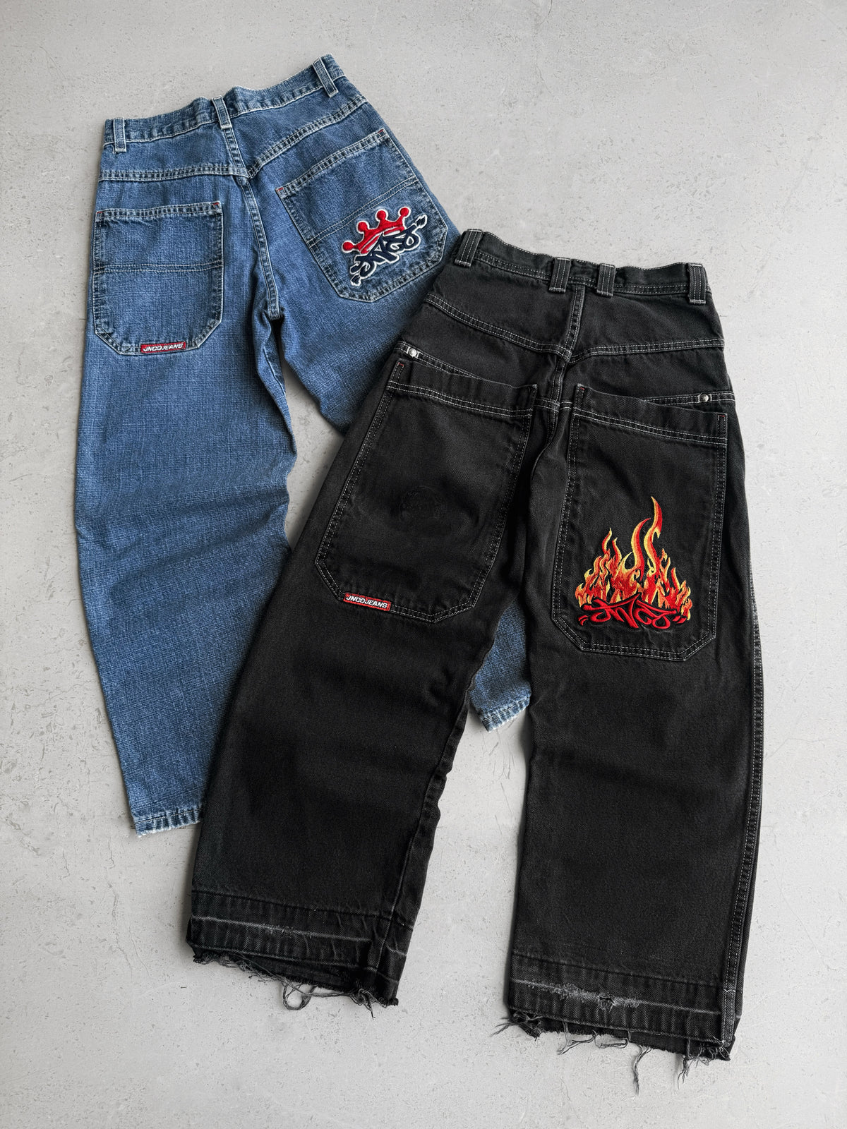 VINTAGE JNCO FLAME EMBROIDERED FADED PANTS
