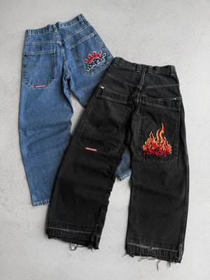 VINTAGE JNCO FLAME EMBROIDERED FADED PANTS