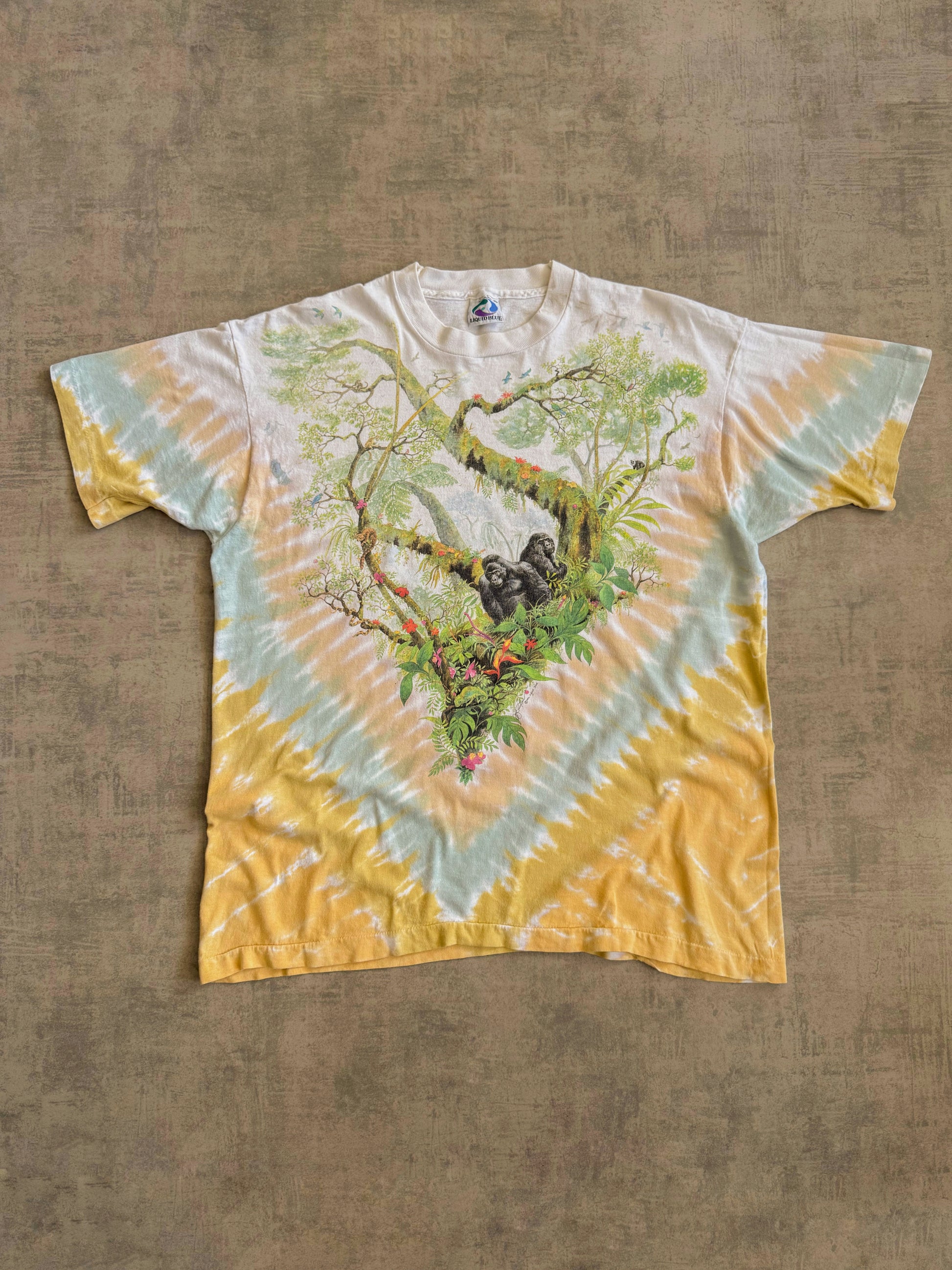 (XL) 90’S VINTAGE LIQUID BLUE JUNGLE TIE DYE GORILLA TEE