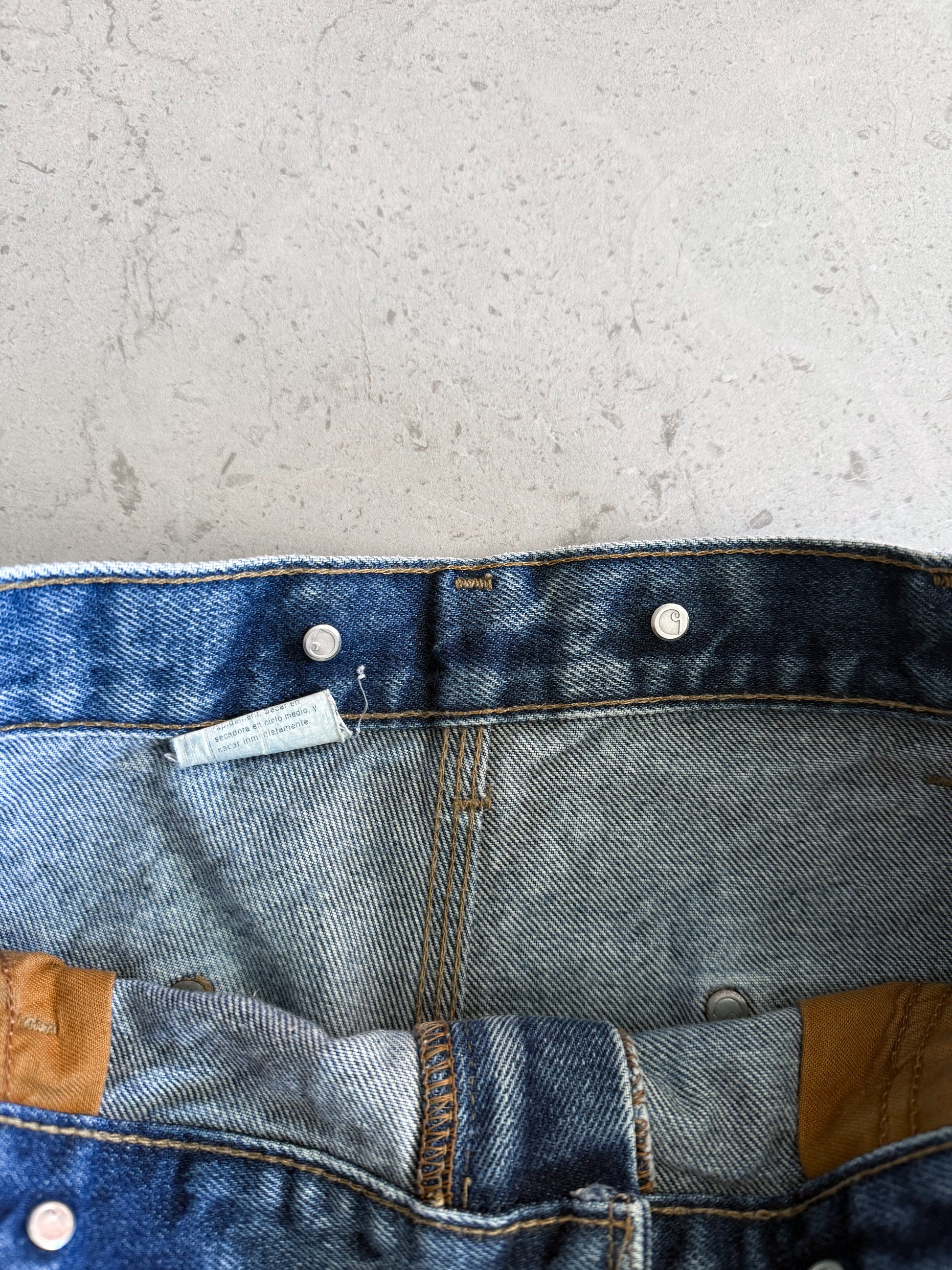 VINTAGE CARHARTT FADED BLUE DENIM DOUBLE KNEE PANTS - 34x30