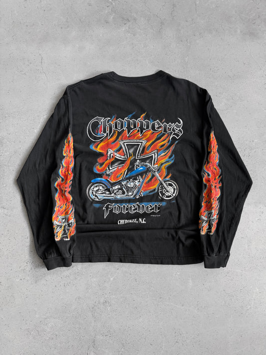 (L) 1990’S VINTAGE CHOPPERS BIKER FLAMES LONG SLEEVE