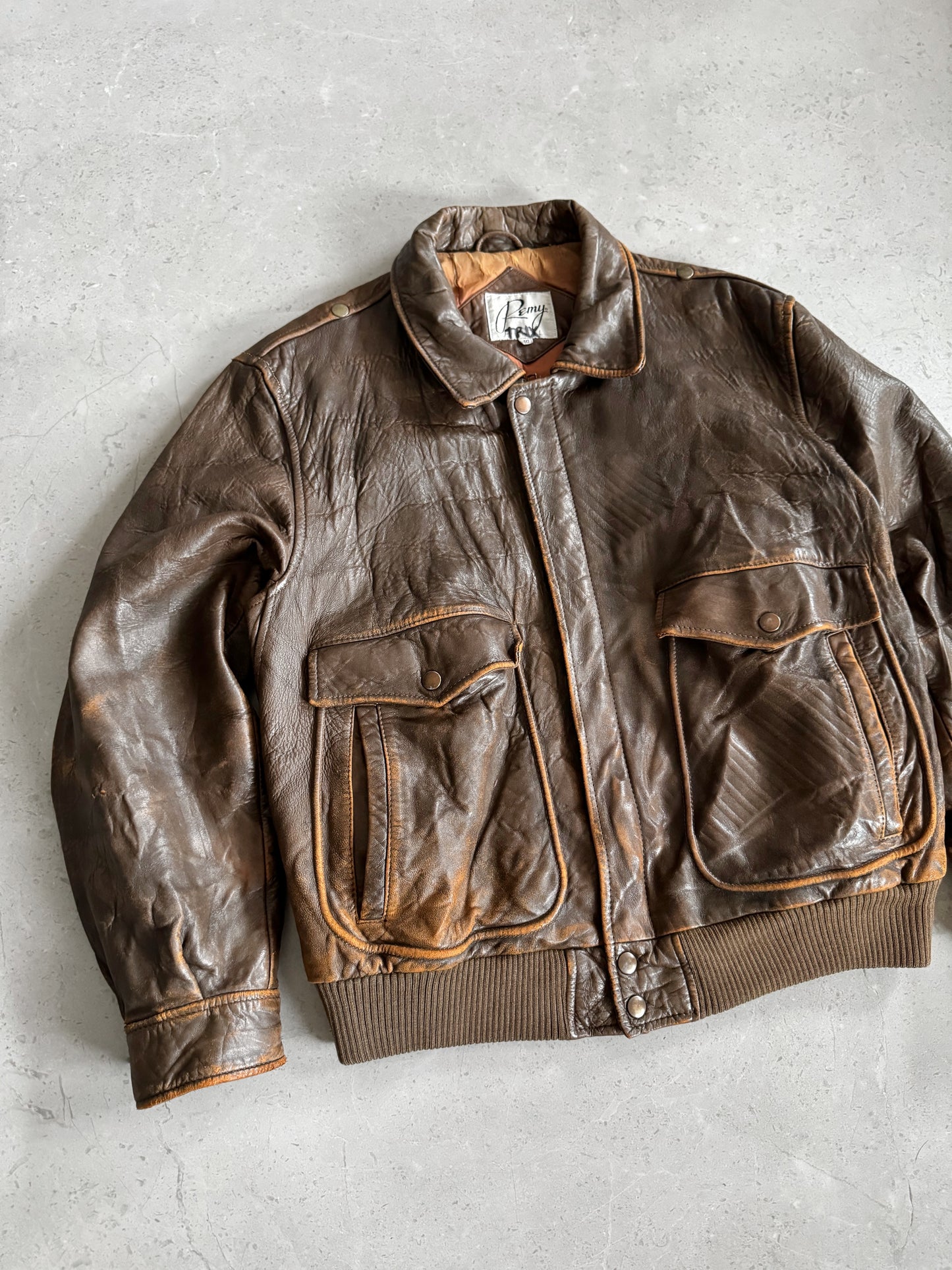 (M) 90’s Vintage Remy Leather Brown Bomber Jacket Pilot