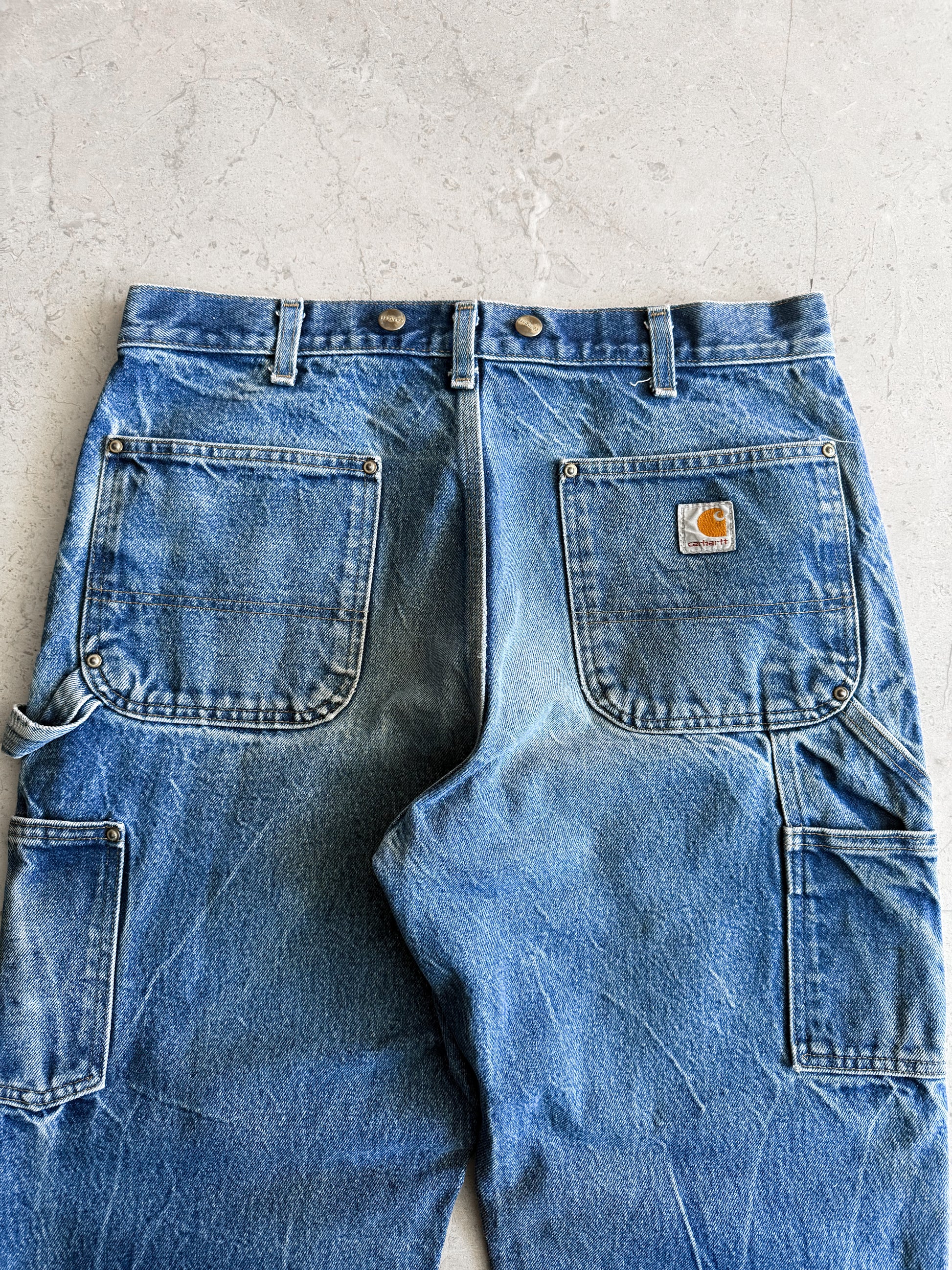 VINTAGE CARHARTT FADED BLUE DENIM DOUBLE KNEE PANTS - 34x30