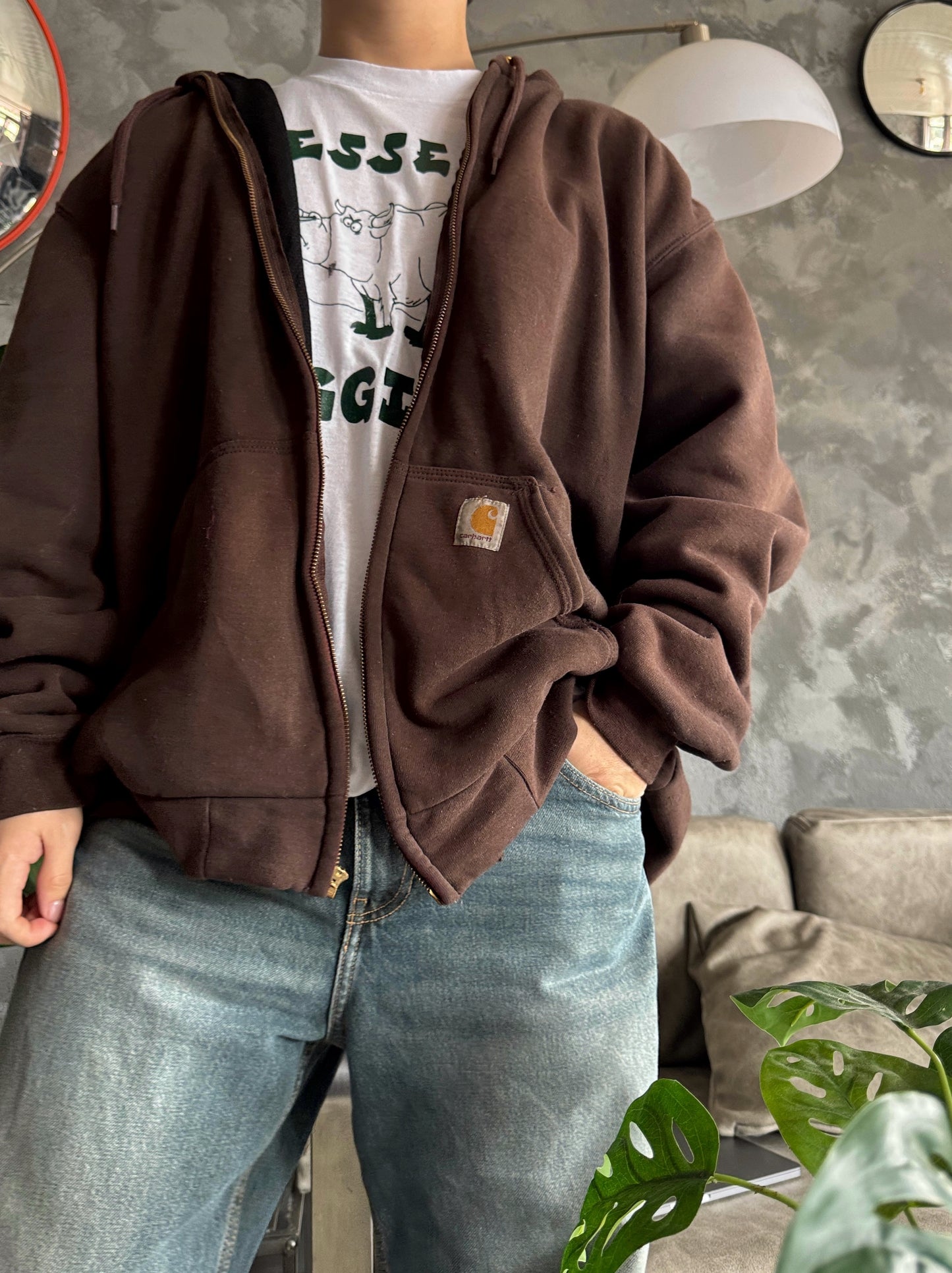 (XL) 2000’S VINTAGE CARHARTT MOCCA HOODIE WORKWEAR FULL ZIP