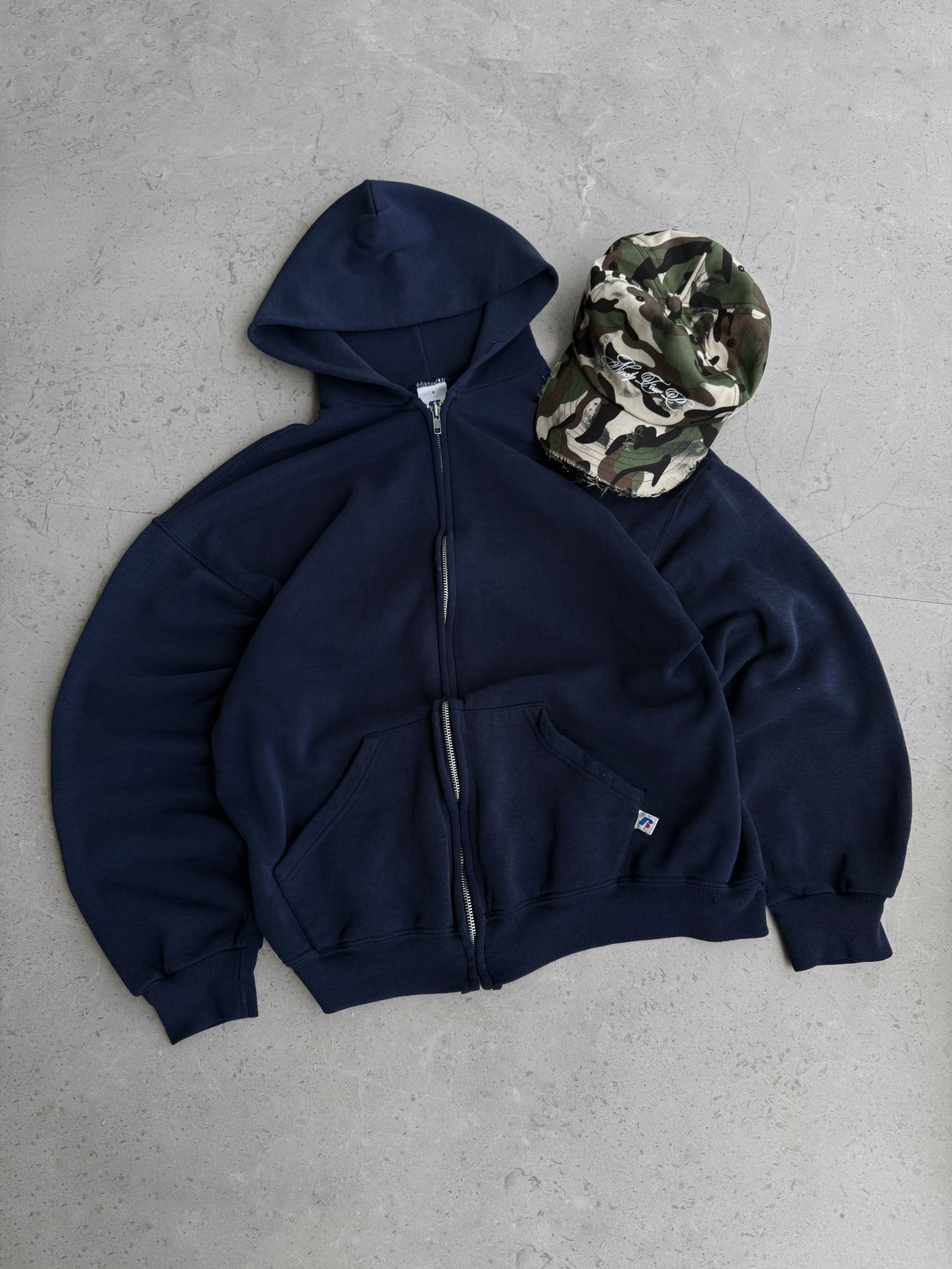 (BOXY L) VINTAGE RUSSELL NAVY FADED HOODIE FULL ZIP