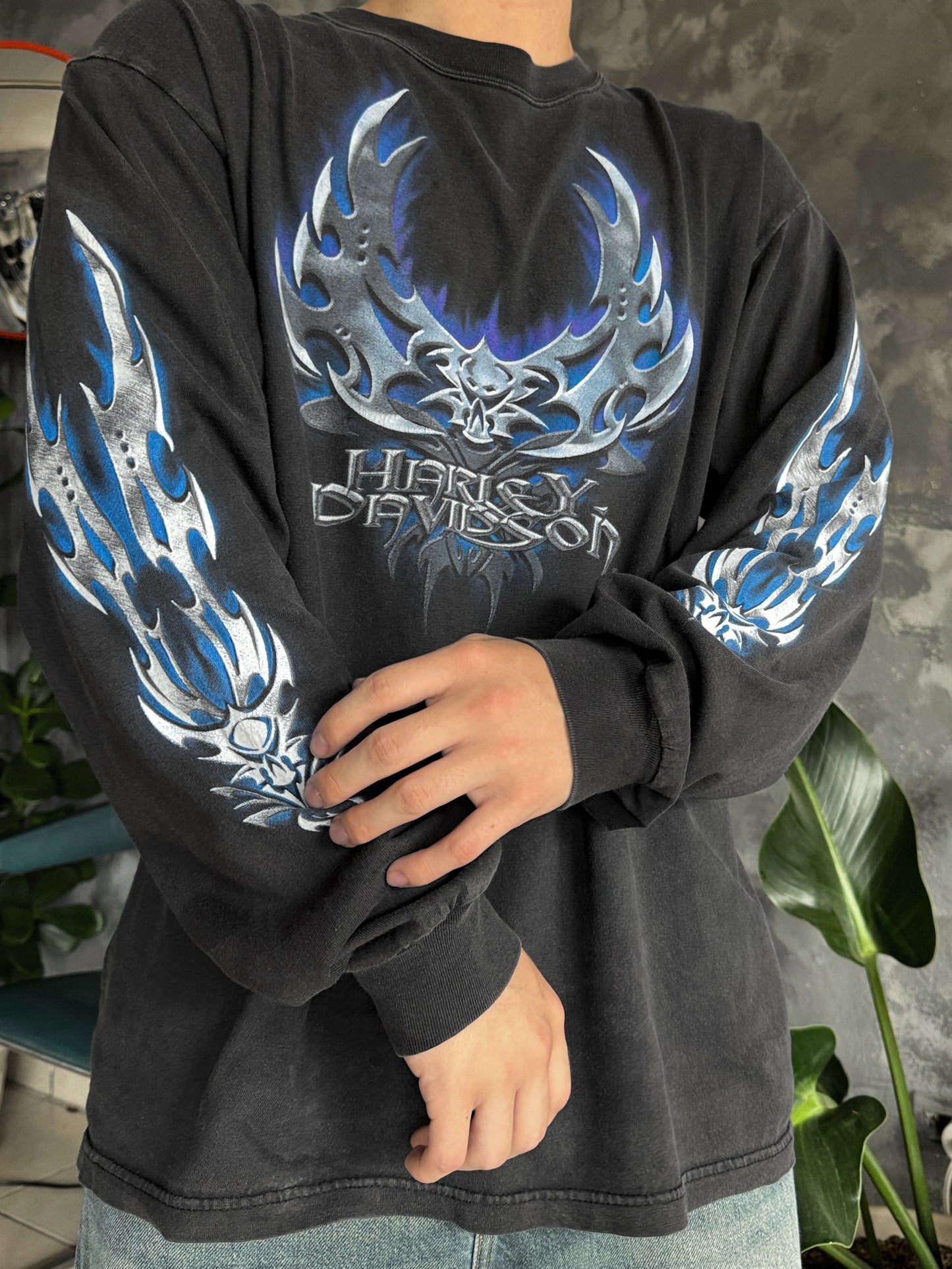 (L) 00’s Vintage Harley Davidson Blues Flames Long Sleeve